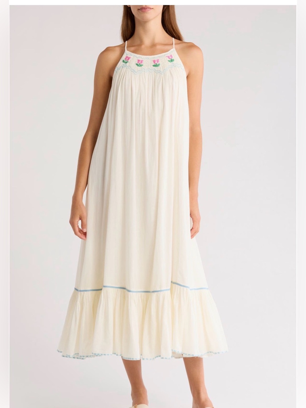 NWT, Free People, Cream Embroidered Halter Maxi Dress